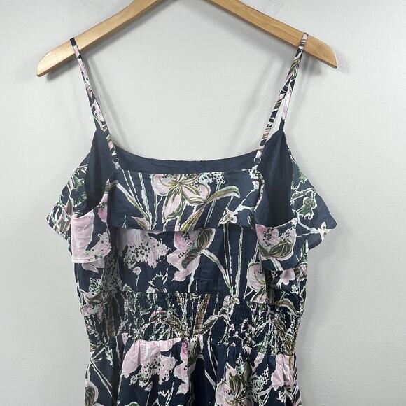 Vineyard Vines Navy Blue Floral Ruffle Midi Tank Dress Size L Smocked - Picture 8 of 12